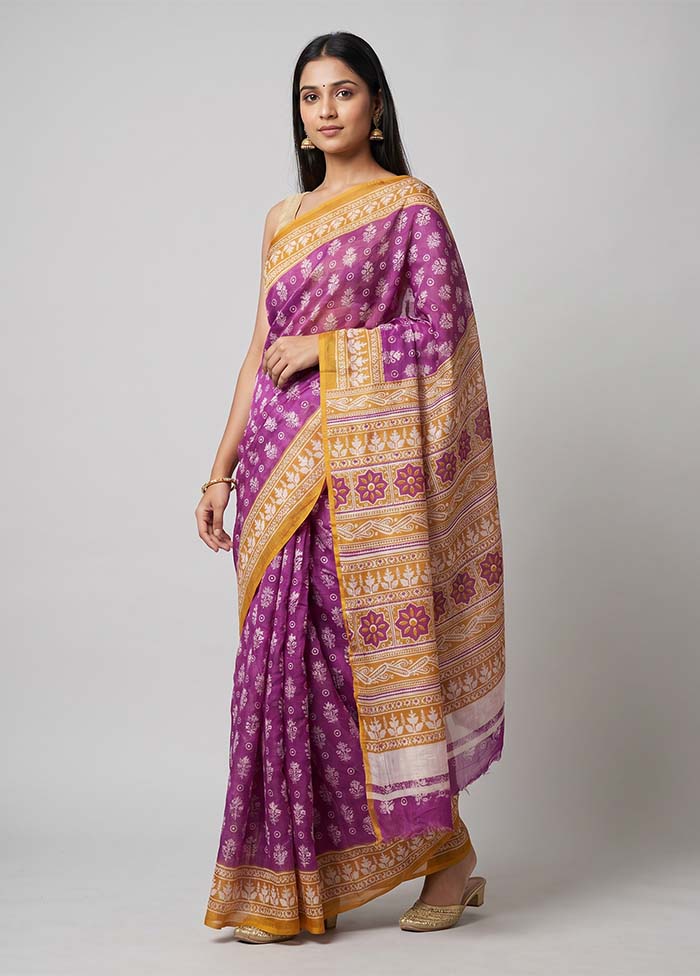 Purple Printed Silk Saree Without Blouse Piece