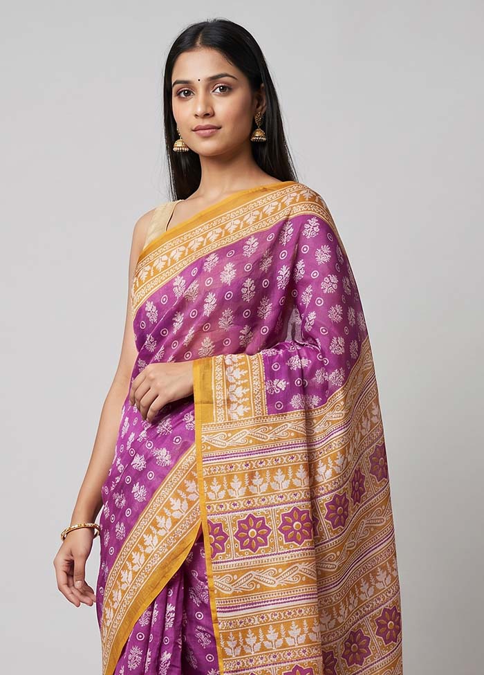 Purple Printed Silk Saree Without Blouse Piece