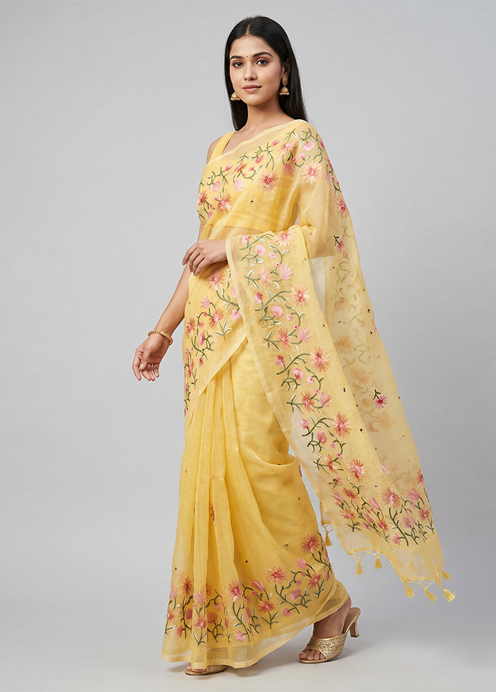 Yellow Organza Saree With Blouse Piece