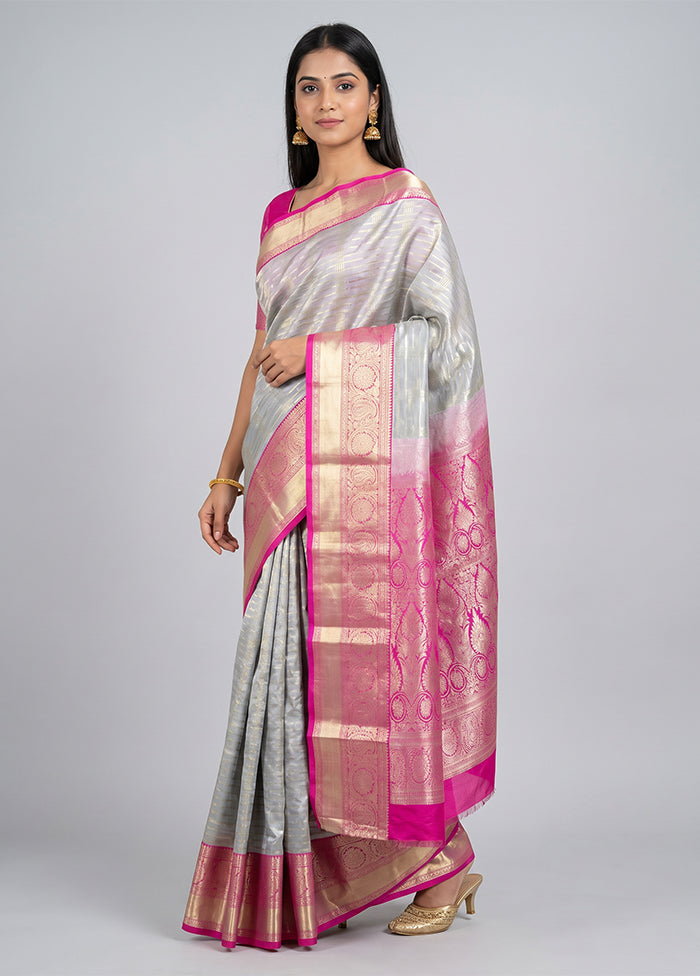 Grey Kanjivaram Silk Saree With Blouse Piece