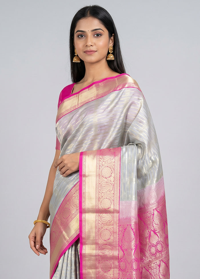 Grey Kanjivaram Silk Saree With Blouse Piece