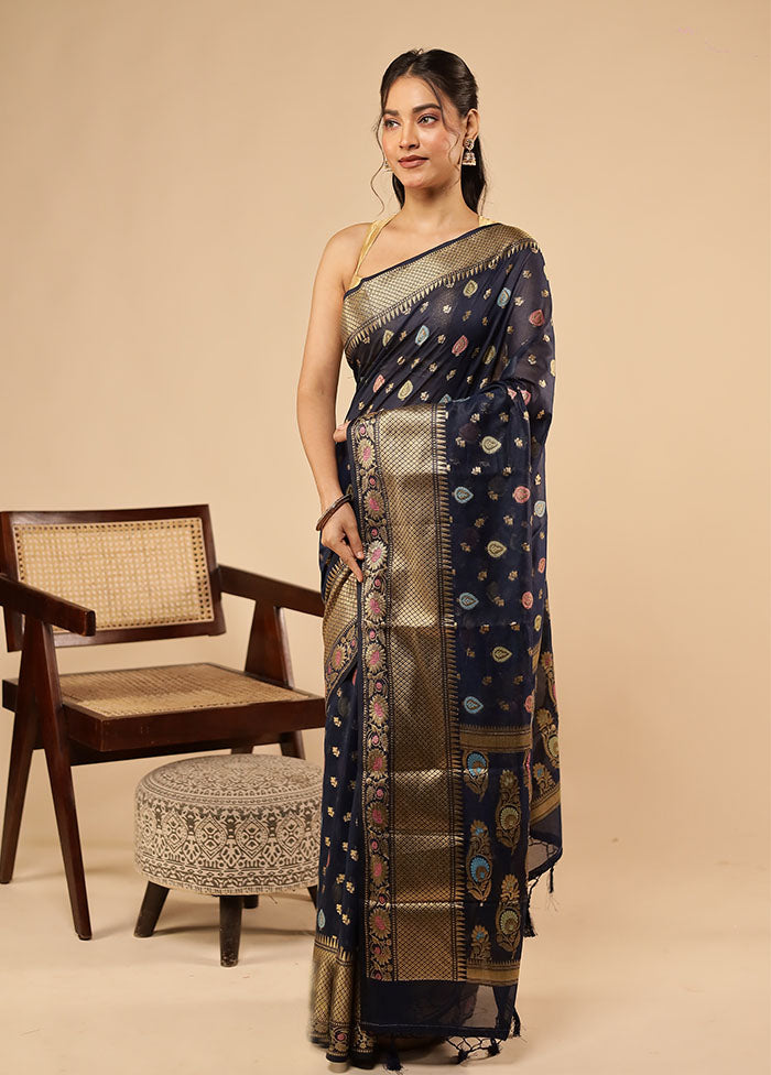 Blue Dupion Silk Saree With Blouse Piece