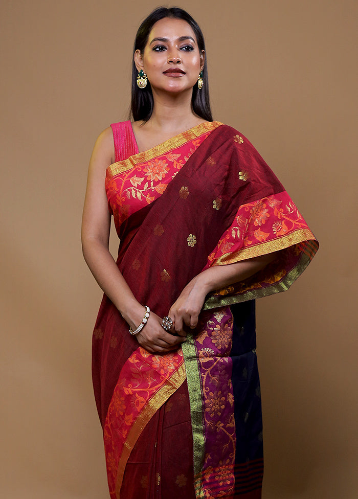 Maroon Cotton Saree With Blouse Piece