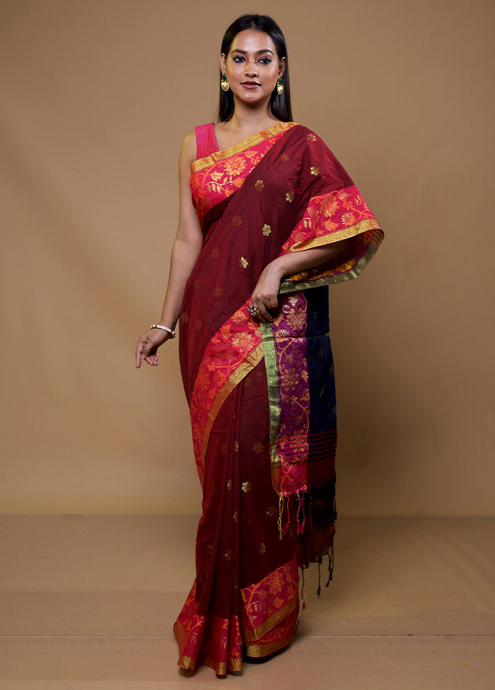 Maroon Cotton Saree With Blouse Piece