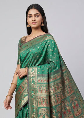 Green Handloom Baluchari Pure Silk Saree With Blouse Piece