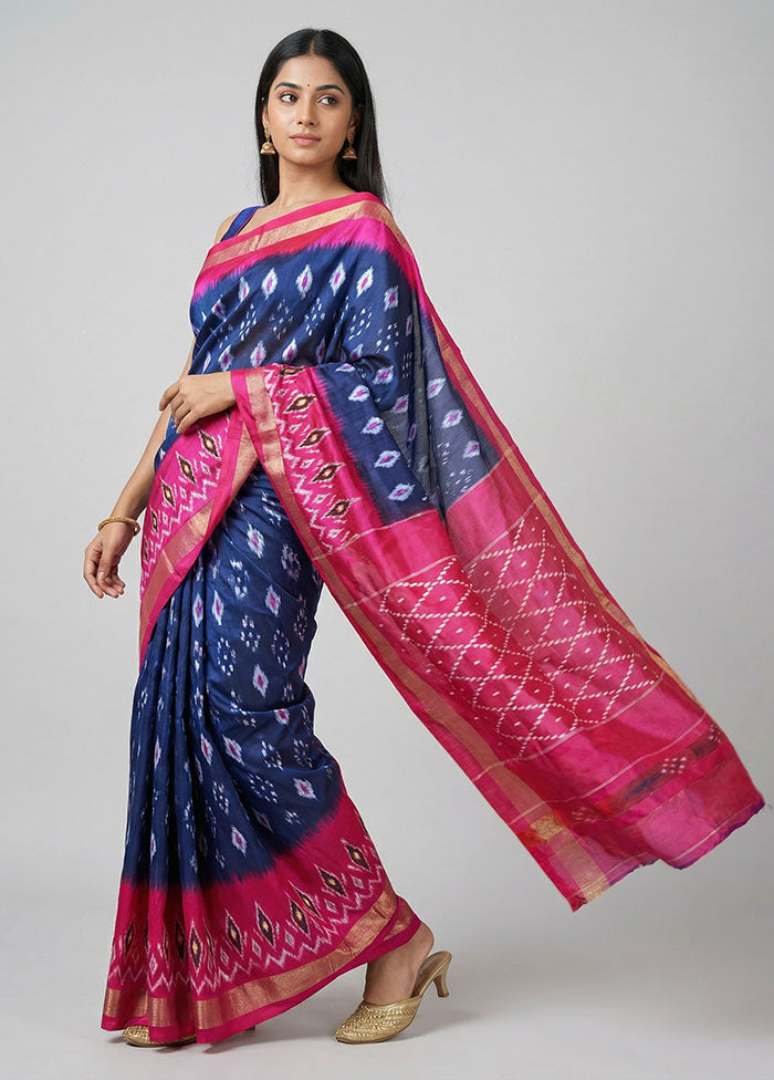 Blue Handloom Ikkat Pure Silk Saree With Blouse Piece