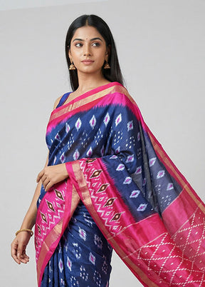 Blue Handloom Ikkat Pure Silk Saree With Blouse Piece