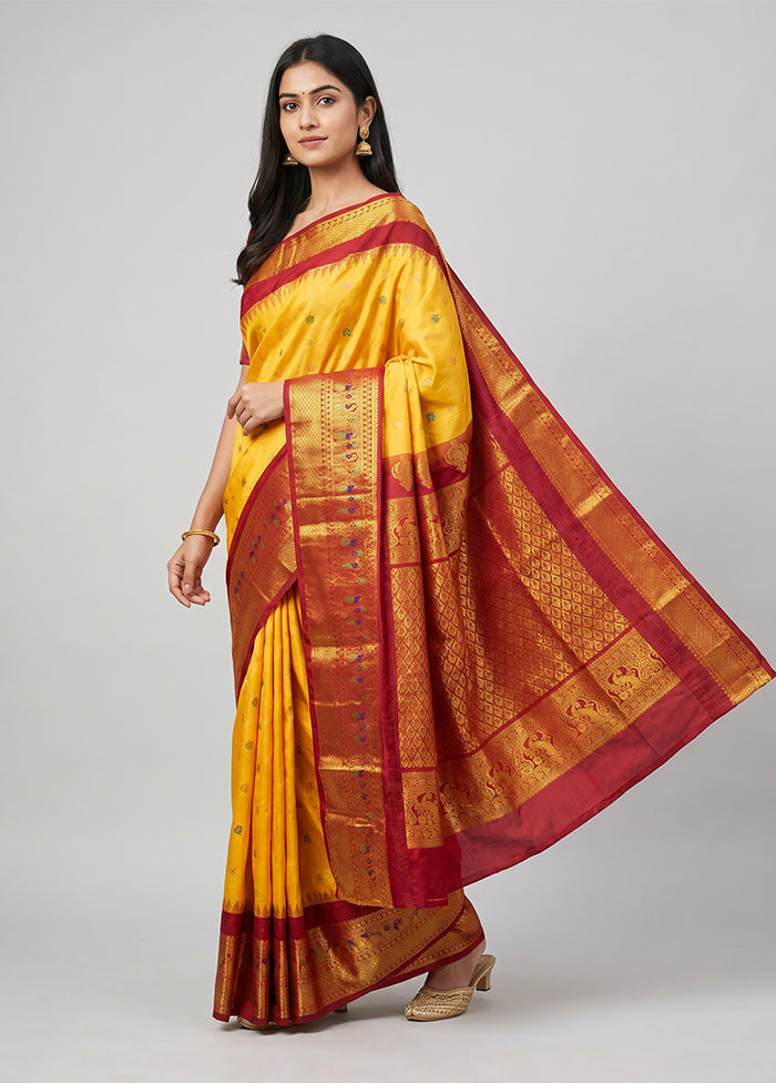 Yellow Gadwal Silk Saree Without Blouse Piece