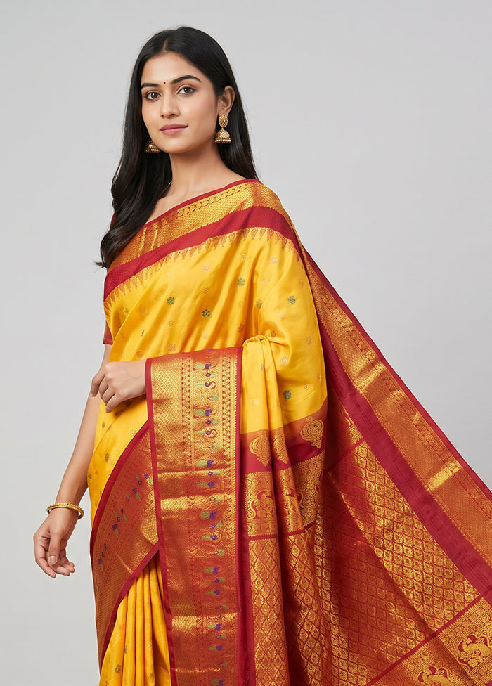 Yellow Gadwal Silk Saree Without Blouse Piece