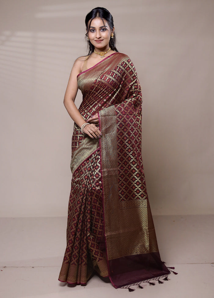 Maroon Kora Silk Saree With Blouse Piece