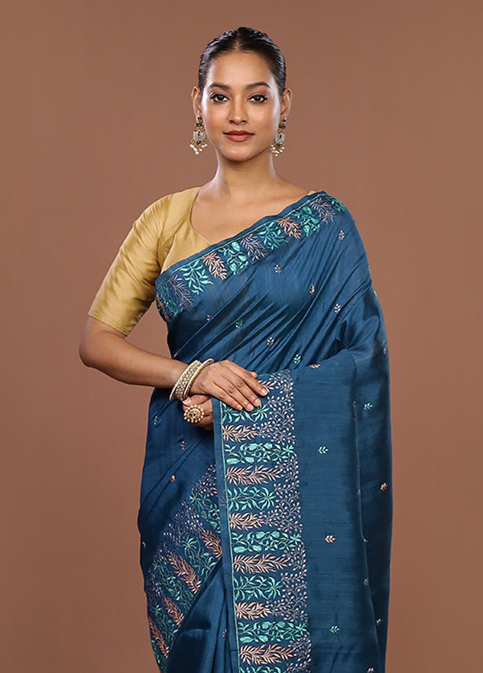 Blue Tussar Silk Saree With Blouse Piece