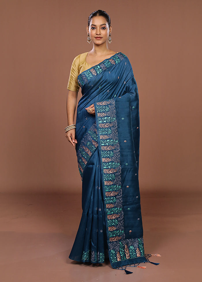 Blue Tussar Silk Saree With Blouse Piece