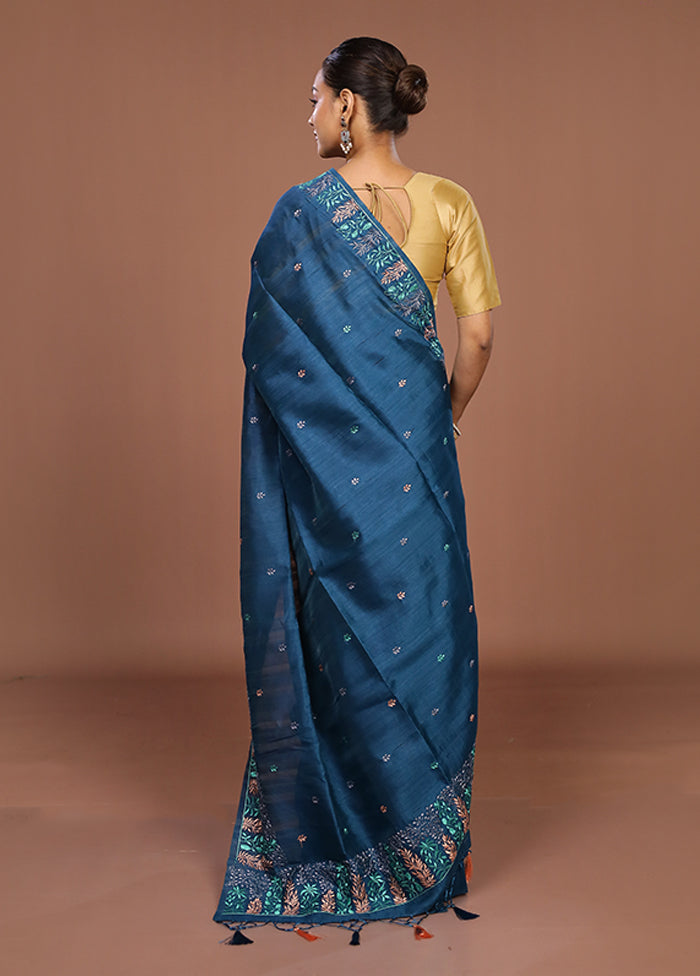 Blue Tussar Silk Saree With Blouse Piece