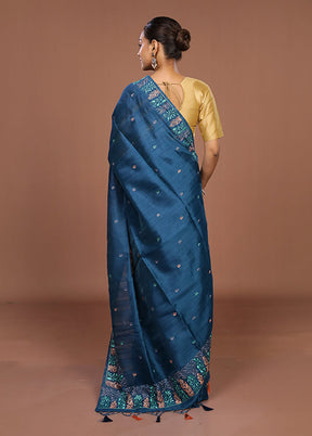 Blue Tussar Silk Saree With Blouse Piece
