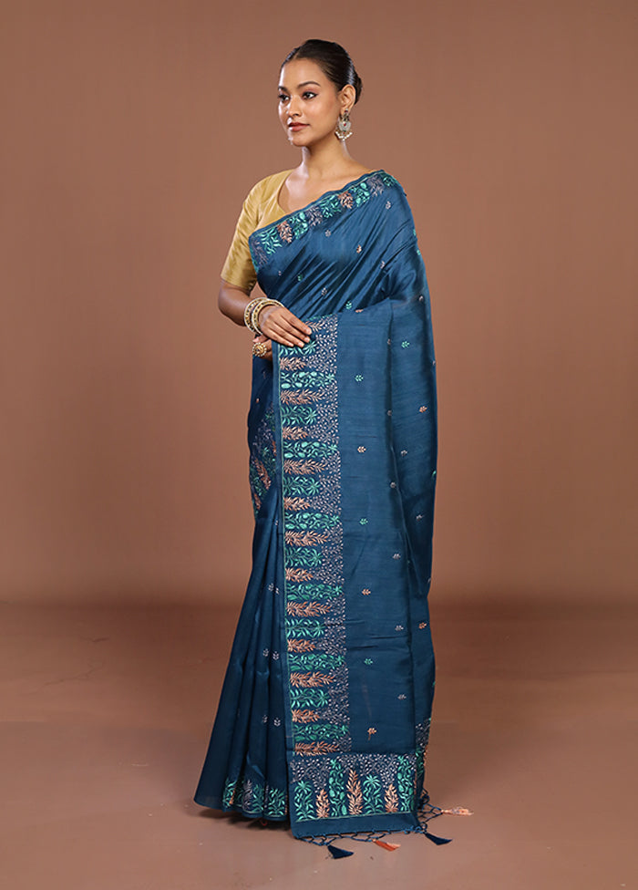 Blue Tussar Silk Saree With Blouse Piece