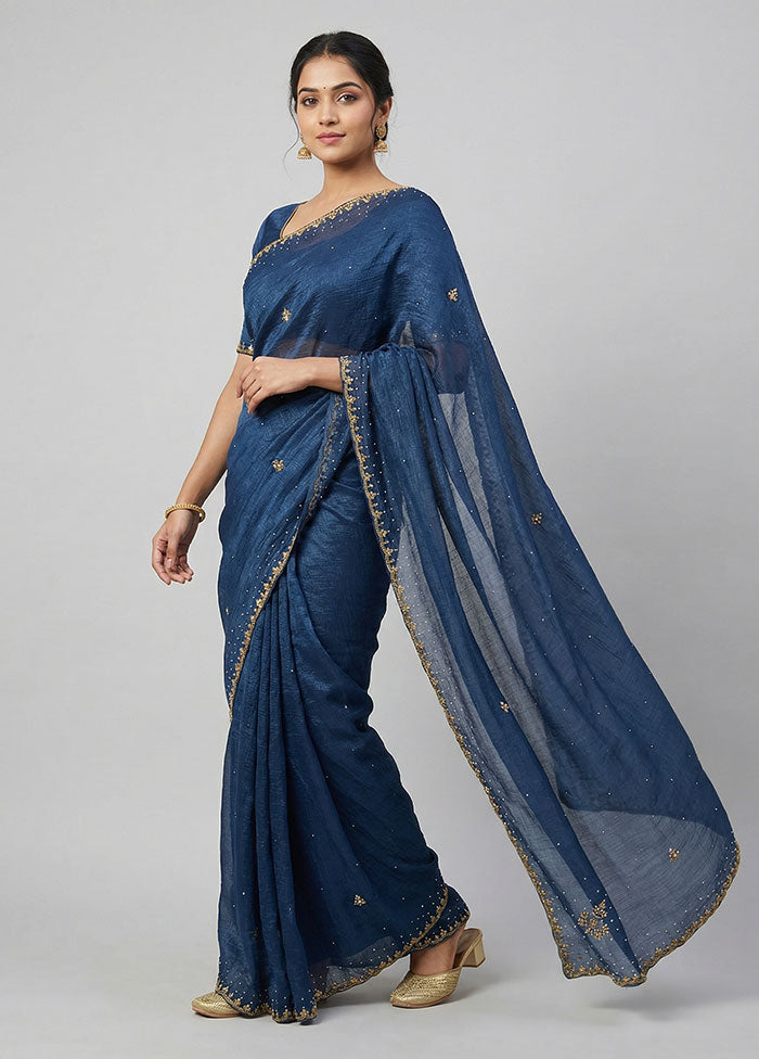 Blue Chiffon Silk Saree With Blouse Piece