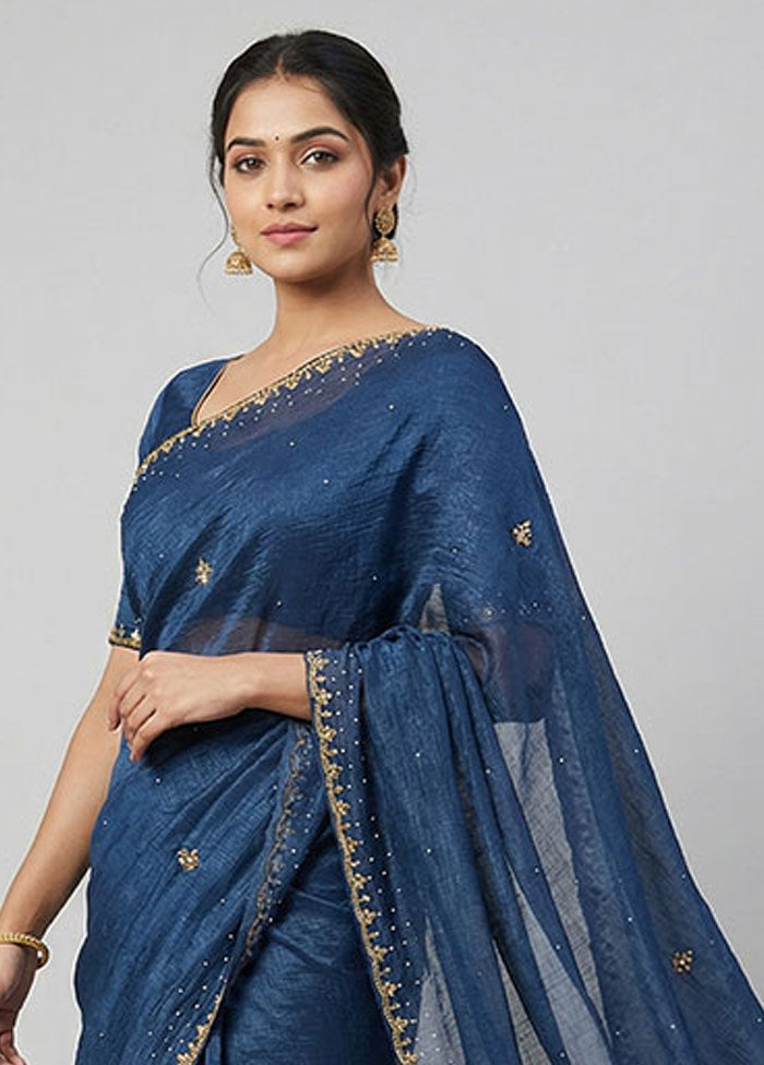 Blue Chiffon Silk Saree With Blouse Piece