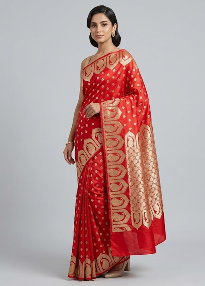 Red Banarasi Silk Saree With Blouse Piece