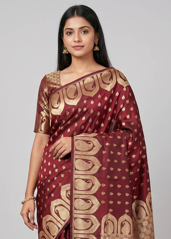 Maroon Banarasi Silk Saree With Blouse Piece