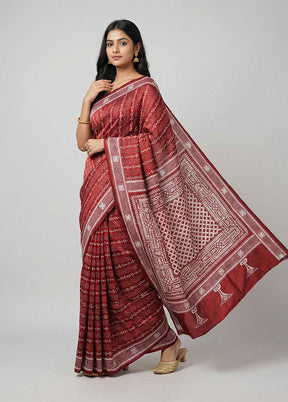 Maroon Handloom Kantha Stitch Pure Silk Saree With Blouse Piece