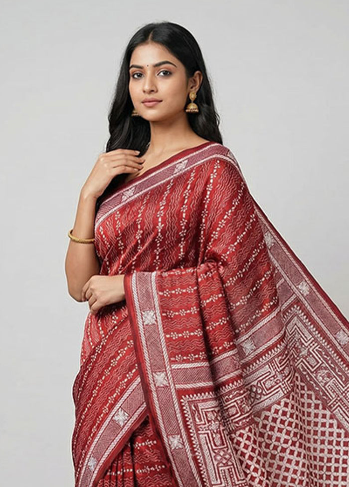 Maroon Handloom Kantha Stitch Pure Silk Saree With Blouse Piece