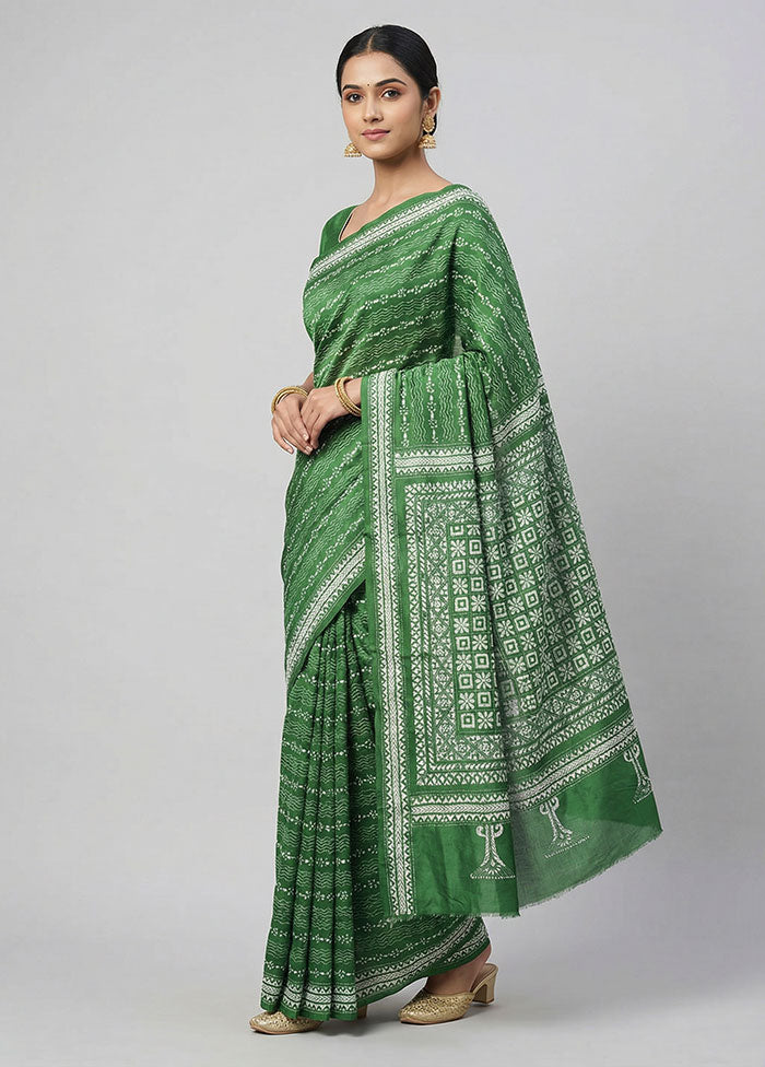 Green Handloom Kantha Stitch Pure Silk Saree With Blouse Piece