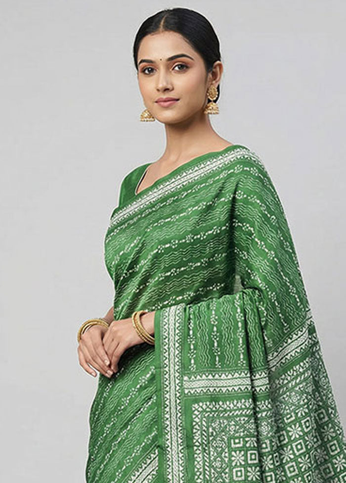 Green Handloom Kantha Stitch Pure Silk Saree With Blouse Piece