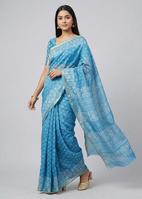Blue Chanderi Silk Saree With Blouse Piece