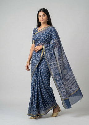 Blue Chanderi Silk Saree With Blouse Piece