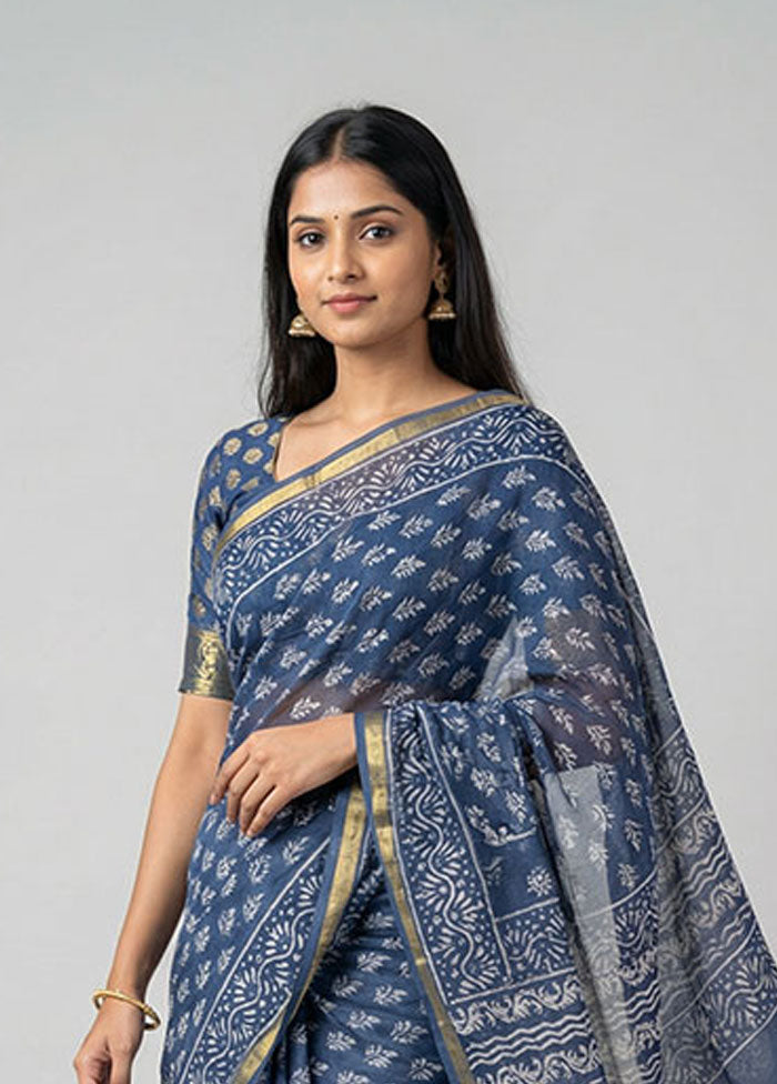 Blue Chanderi Silk Saree With Blouse Piece
