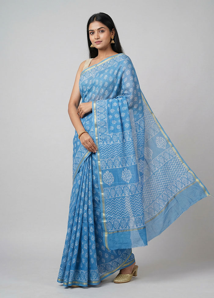 Blue Chanderi Silk Saree With Blouse Piece