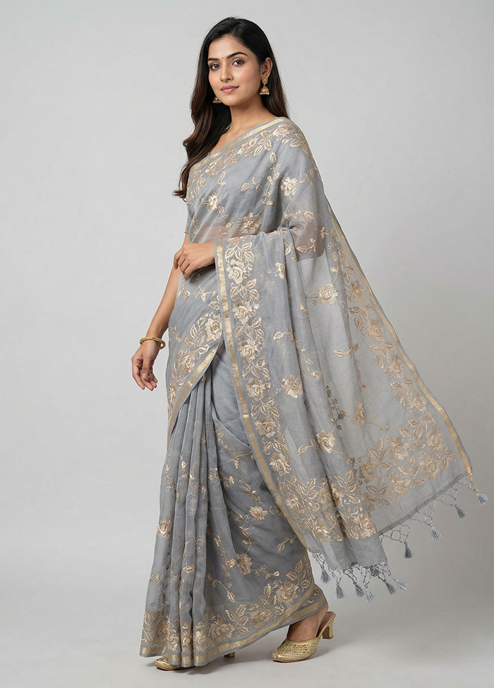 Grey Organza Saree With Blouse Piece