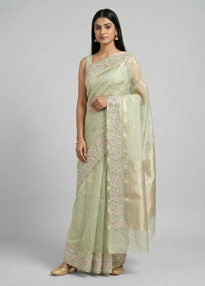 Green Organza Saree With Blouse Piece