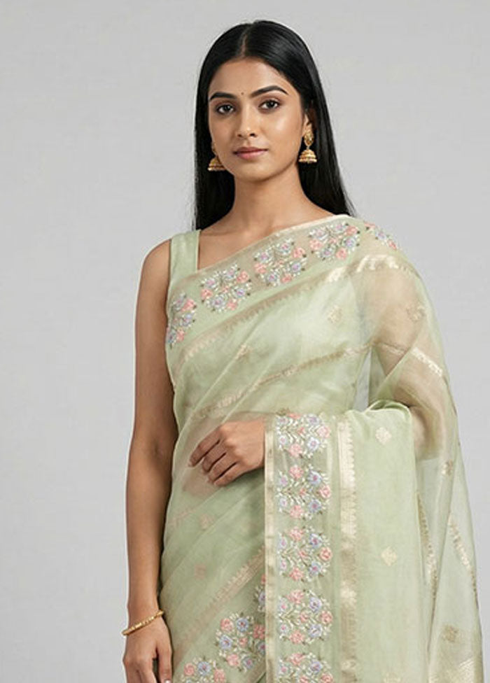 Green Organza Saree With Blouse Piece