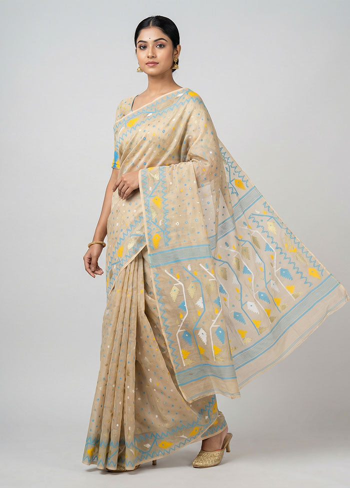 Cream Jamdani Cotton Saree Without Blouse Piece
