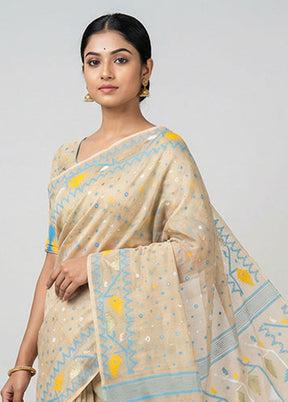 Cream Jamdani Cotton Saree Without Blouse Piece