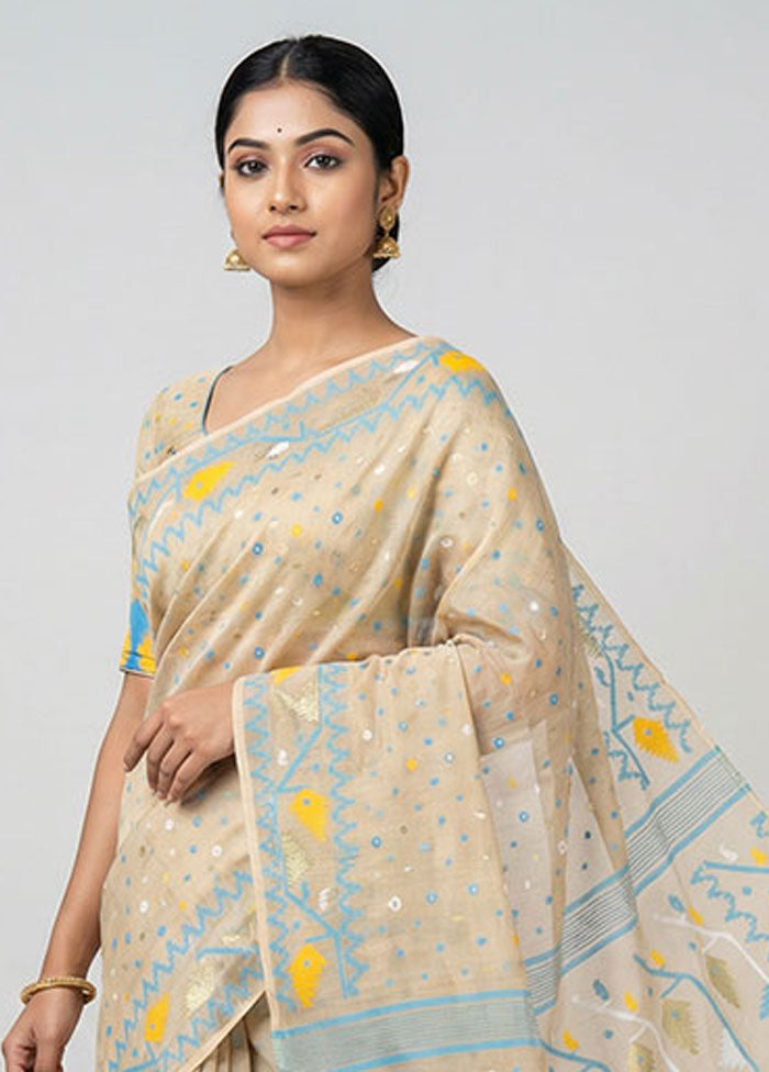 Cream Jamdani Cotton Saree Without Blouse Piece
