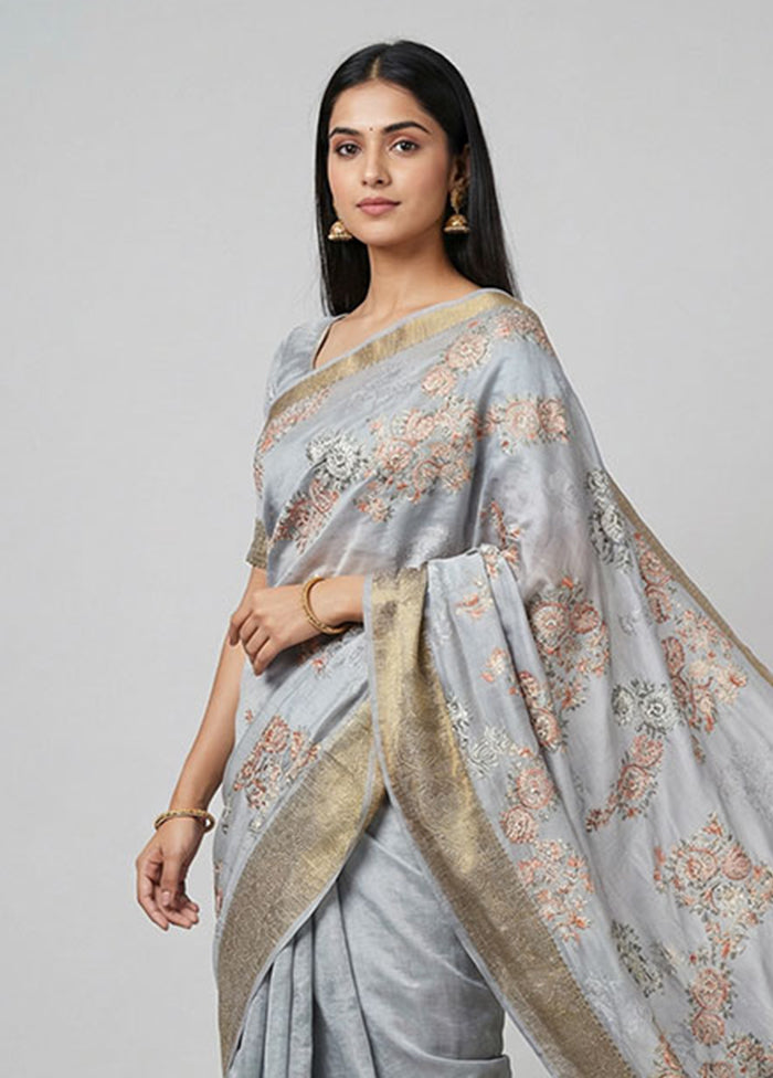 Grey Tissue Silk Saree With Blouse Piece