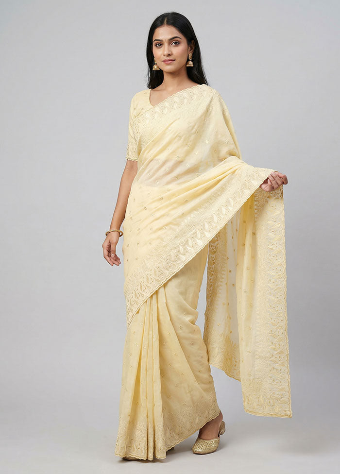 Cream Organza Saree With Blouse Piece