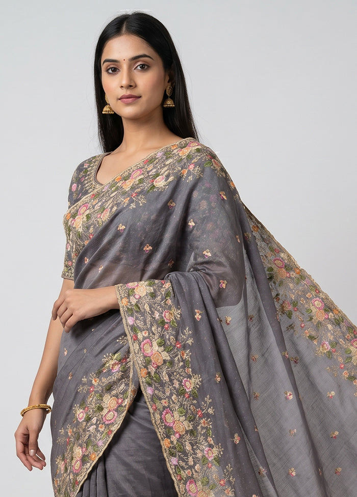Grey Organza Saree With Blouse Piece