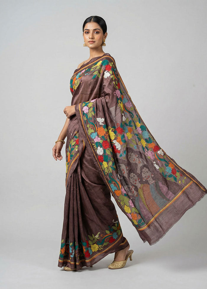 Maroon Handloom Kantha Stitch Pure Silk Saree With Blouse Piece