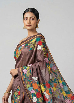 Maroon Handloom Kantha Stitch Pure Silk Saree With Blouse Piece