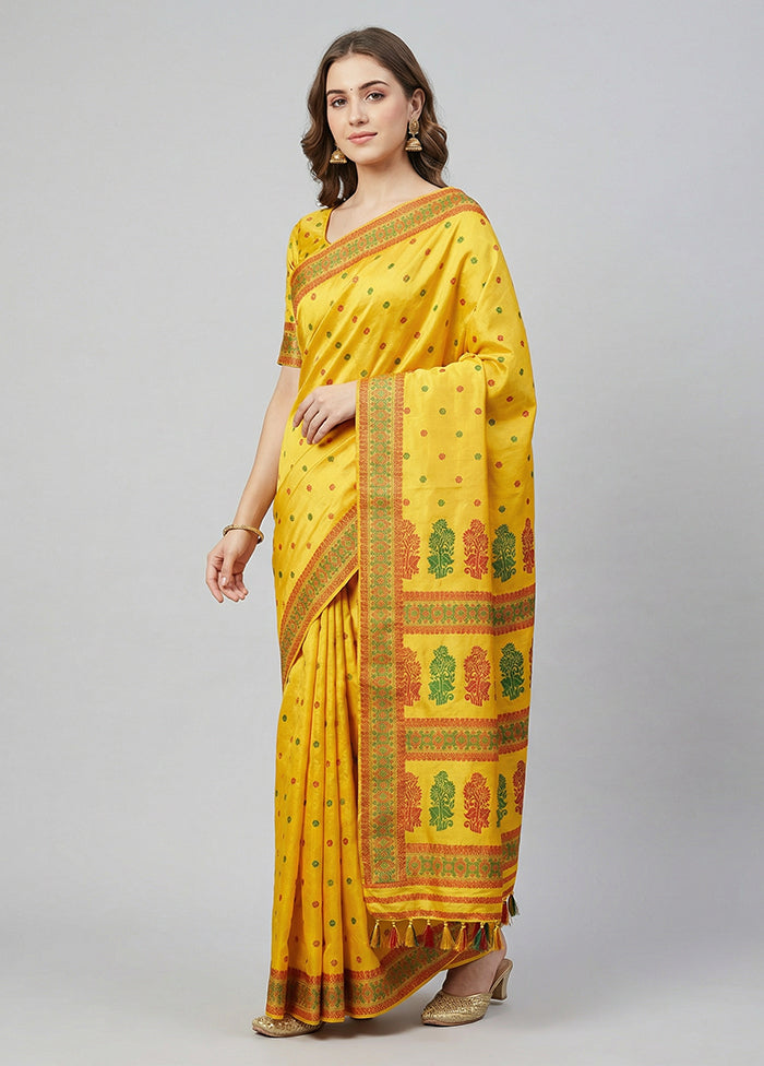 Yellow Handloom Assam Pure Silk Saree With Blouse Piece