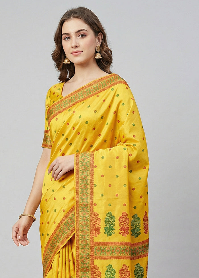 Yellow Handloom Assam Pure Silk Saree With Blouse Piece