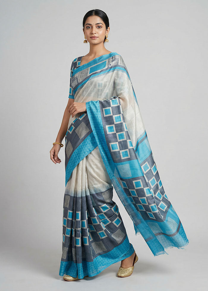 Cream Handloom Tussar Pure Silk Saree With Blouse Piece