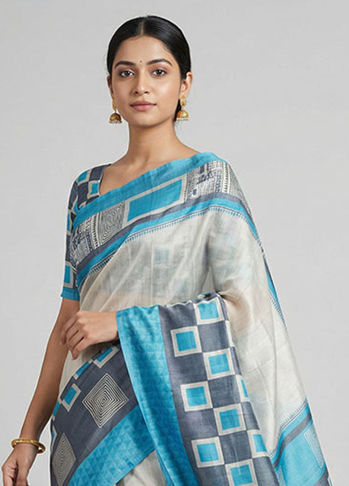 Cream Handloom Tussar Pure Silk Saree With Blouse Piece
