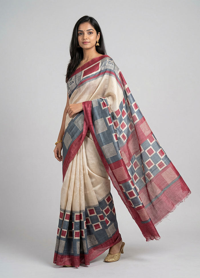 Cream Handloom Tussar Pure Silk Saree With Blouse Piece