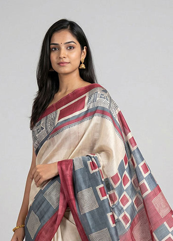 Cream Handloom Tussar Pure Silk Saree With Blouse Piece