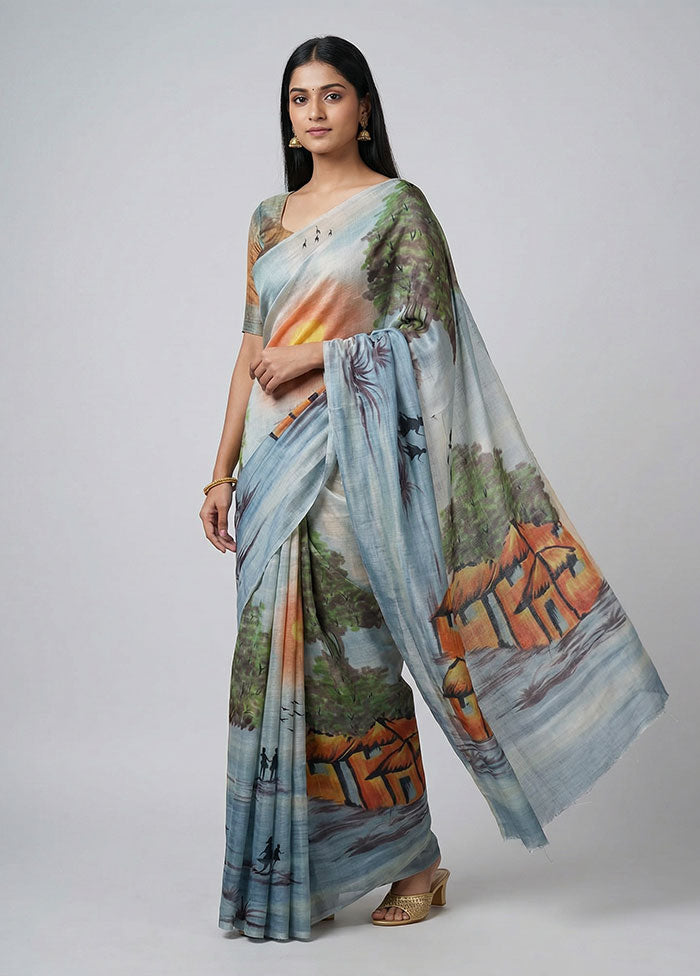 Cream Handloom Tussar Pure Silk Saree With Blouse Piece