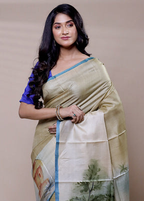 Green Handloom Tussar Pure Silk Saree With Blouse Piece